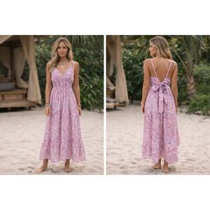 Meet Me In Santorini Tiered Maxi Dress S Pink Purple Tie Back Bow Summer Boho